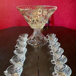 Vintage Anchor Hocking Star of David Clear Glass Punch Bowl Set